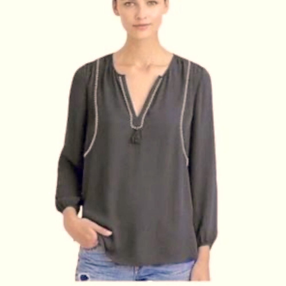 J. Crew black split neck tassel trim popover blouse size 12